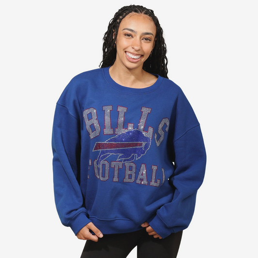 BUFFALO BILLS WOMEN'S FOCO RHINESTONE LOGO OVERSIZED CREW NECK SWEATSHIRT - BLUE
