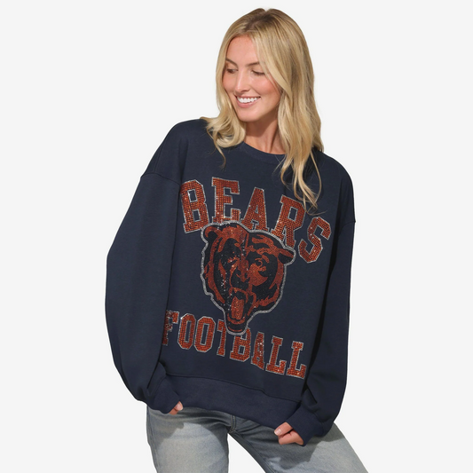 CHICAGO BEARS WOMEN'S FOCO RHINESTONE LOGO OVERSIZED CREW NECK SWEATSHIRT - NAVY