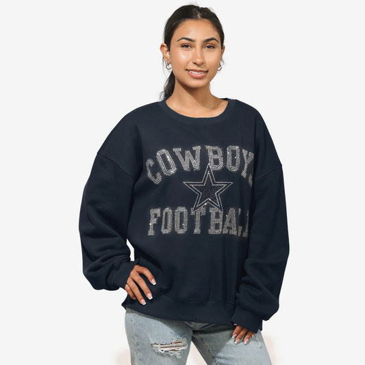 DALLAS COWBOYS WOMEN'S FOCO RHINESTONE LOGO OVERSIZED CREW NECK SWEATSHIRT - NAVY
