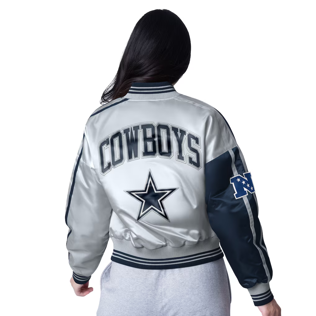 DALLAS COWBOYS WOMEN'S ZONE BLITZ CROPPED FULL-SNAP SATIN JACKET - NAVY/SILVER