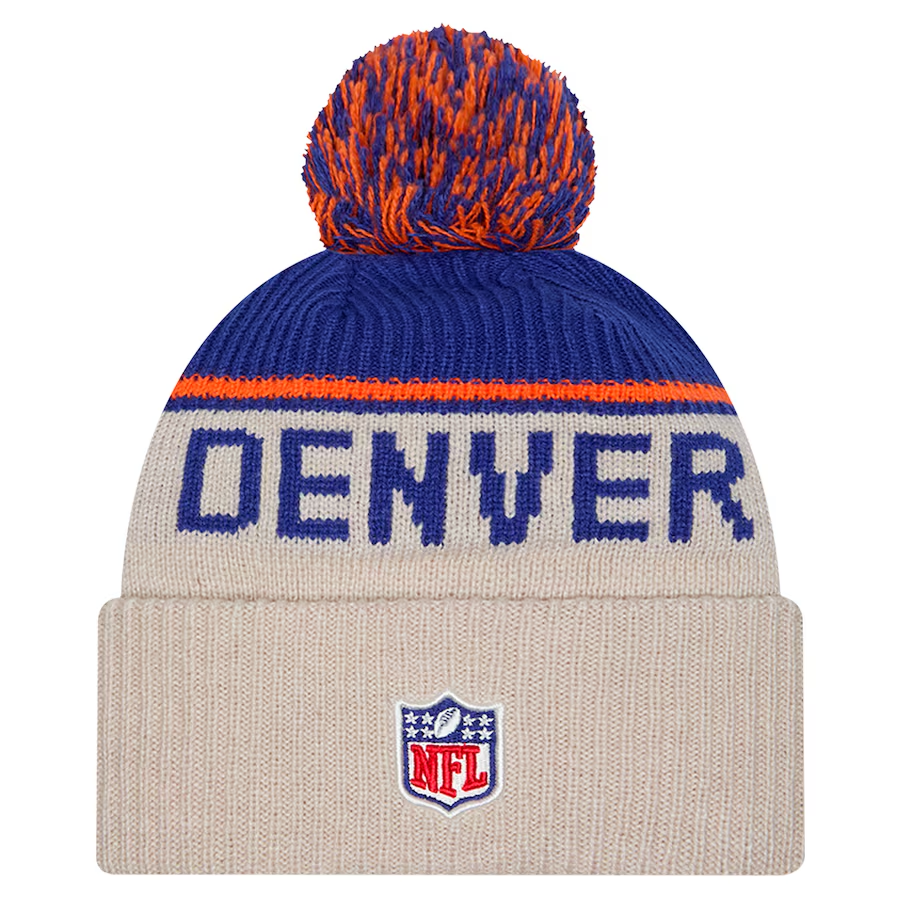 DENVER BRONCOS 2024 NFL HISTORIC SIDELINE CUFFED KNIT BEANIE WITH POM - STONE/NAVY