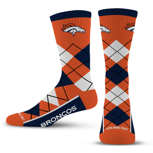 DENVER BRONCOS MEN'S FOR BARE FEET ARGYLE FYRE SOCKS