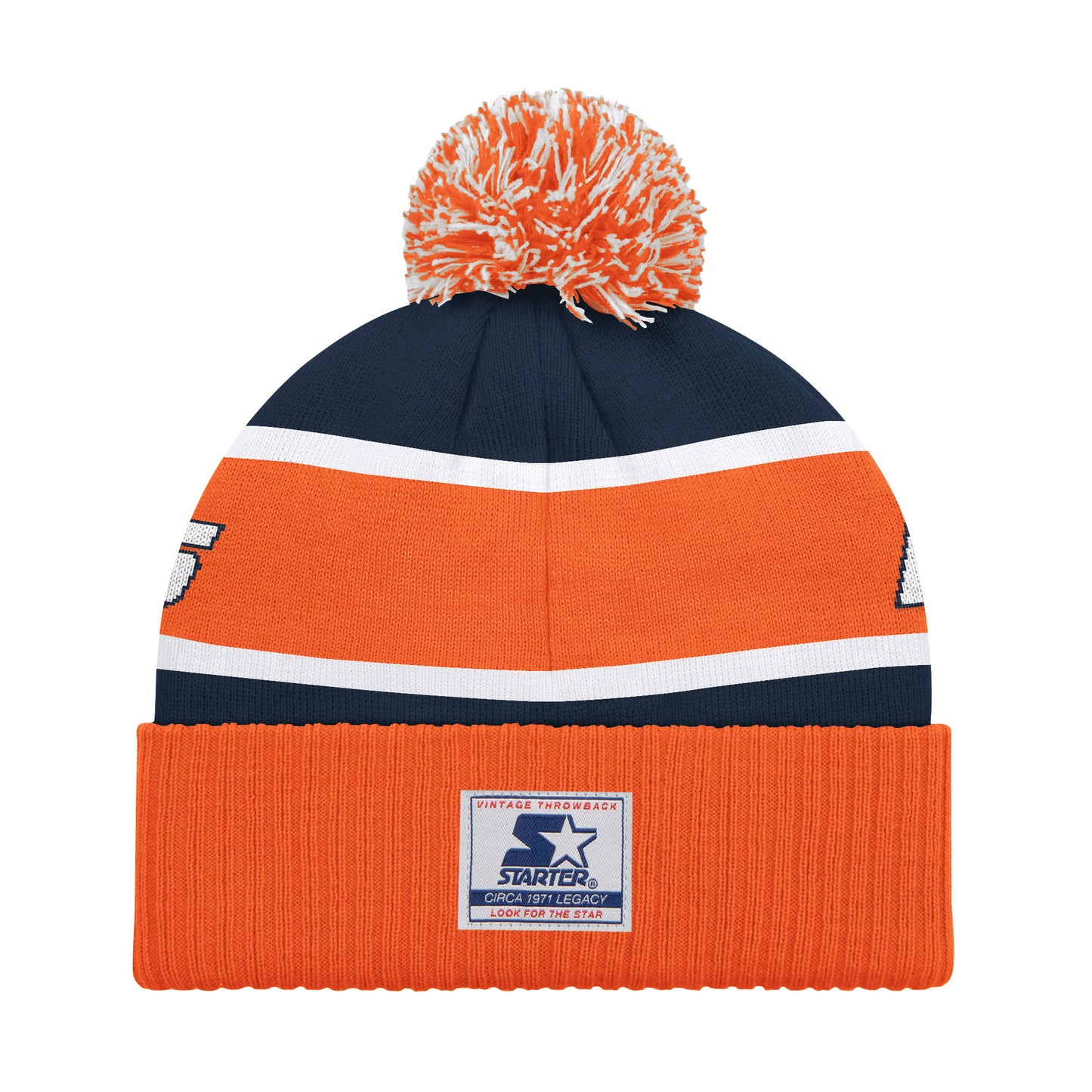 DENVER BRONCOS MEN'S STARTER LEGACY CUFFED KNIT WITH POM - ORANGE/NAVY