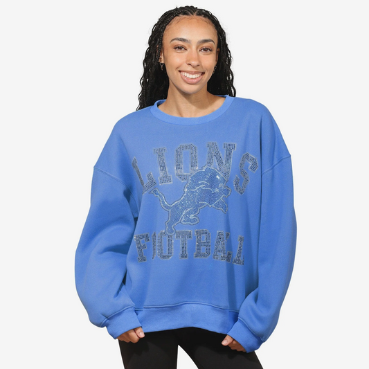 DETROIT LIONS WOMEN'S FOCO RHINESTONE LOGO OVERSIZED CREW NECK SWEATSHIRT - BLUE