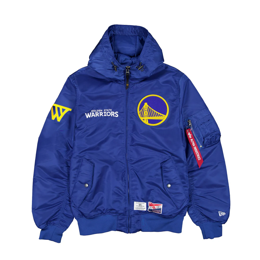 GOLDEN STATE WARRIORS MEN'S NEWERA X ALPHA INDUSTRIES L-2B HOODED BOMBER JACKET BLUE