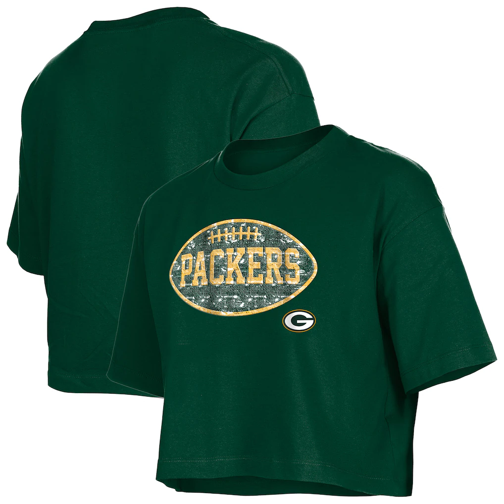 GREEN BAY PACKERS GIRLS NEW ERA  FOOTBALL FLIP SEQUINS BOXY T-SHIRT - GREEN