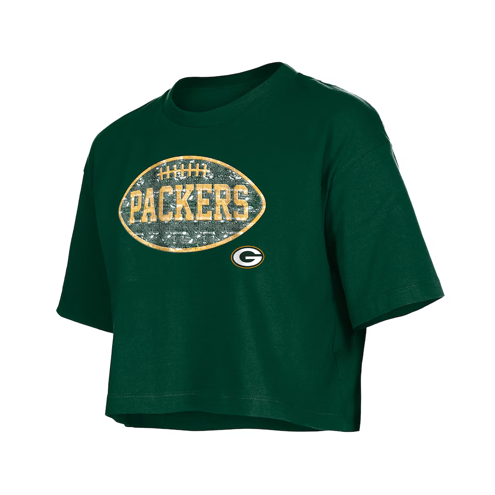 GREEN BAY PACKERS GIRLS NEW ERA  FOOTBALL FLIP SEQUINS BOXY T-SHIRT - GREEN