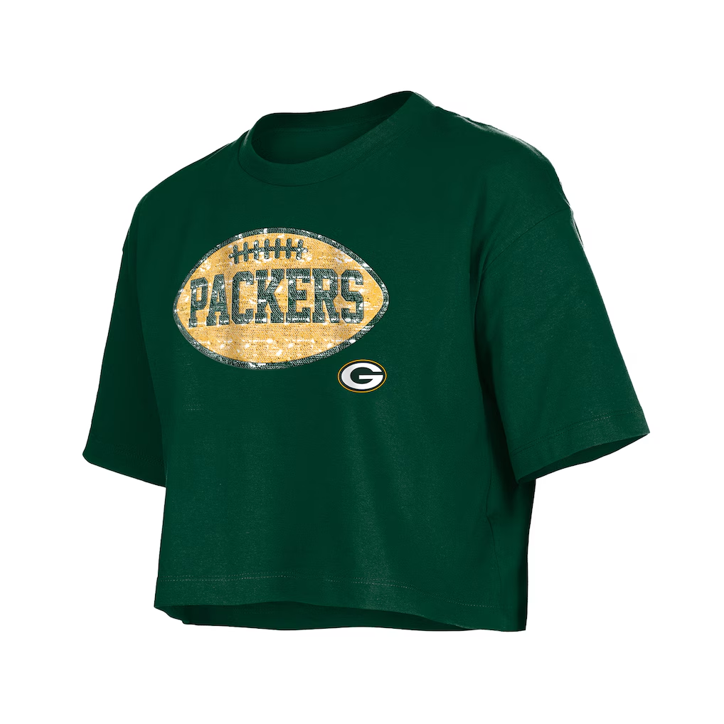GREEN BAY PACKERS GIRLS NEW ERA  FOOTBALL FLIP SEQUINS BOXY T-SHIRT - GREEN