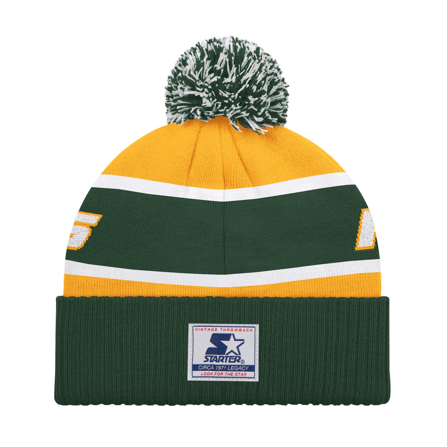 GREEN BAY PACKERS MEN'S STARTER LEGACY CUFFED KNIT WITH POM - GOLD/GREEN