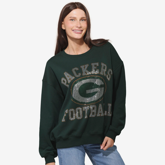 GREEN BAY PACKERS WOMEN'S FOCO RHINESTONE LOGO OVERSIZED CREW NECK SWEATSHIRT - GREEN
