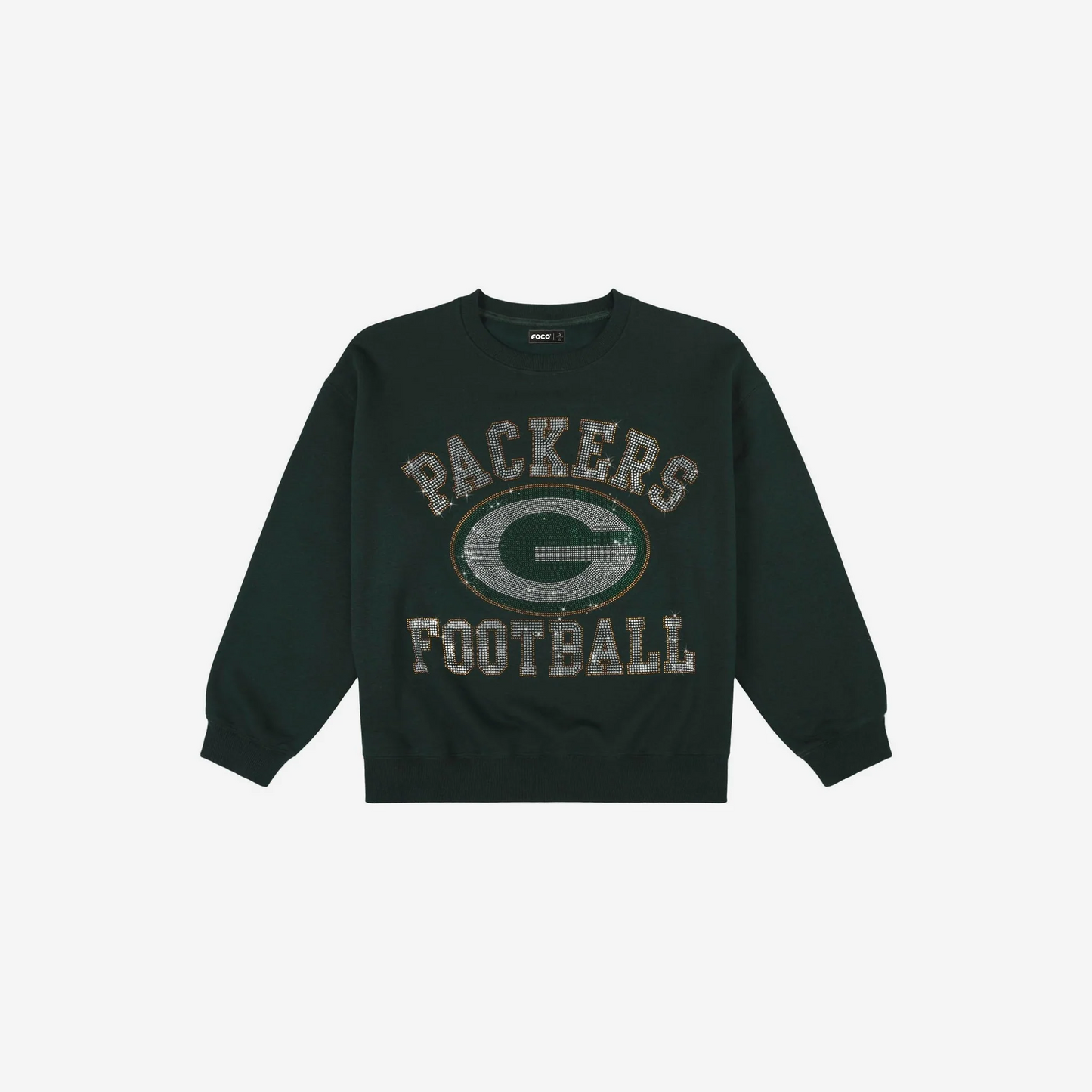 GREEN BAY PACKERS WOMEN'S FOCO RHINESTONE LOGO OVERSIZED CREW NECK SWEATSHIRT - GREEN
