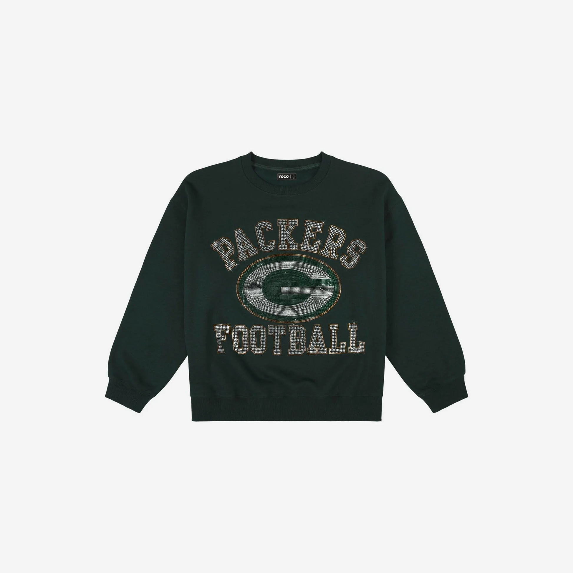 GREEN BAY PACKERS WOMEN'S FOCO RHINESTONE LOGO OVERSIZED CREW NECK SWEATSHIRT - GREEN