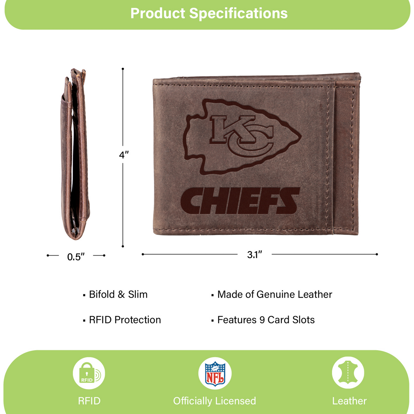 KANSAS CITY CHIEFS FRONT POCKET SLIM CARD HOLDER WITH RFID BLOCKING