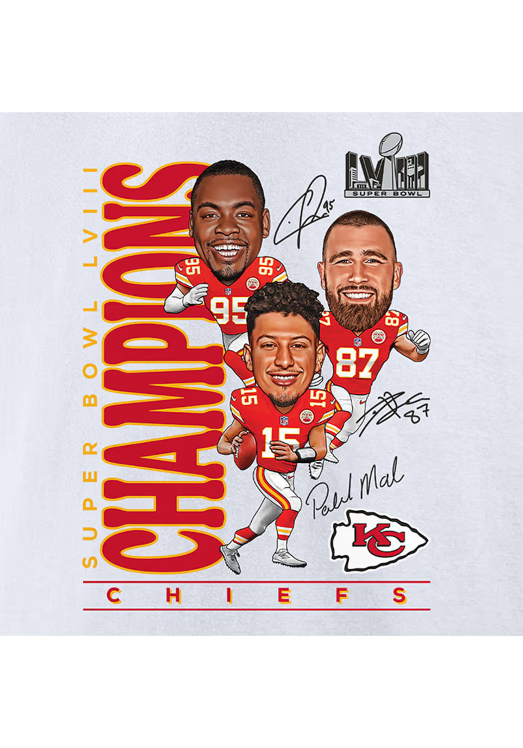 KANSAS CITY CHIEFS MEN'S SUPER BOWL LVIII CHAMPIONS CARICATURE TRIO T-SHIRT