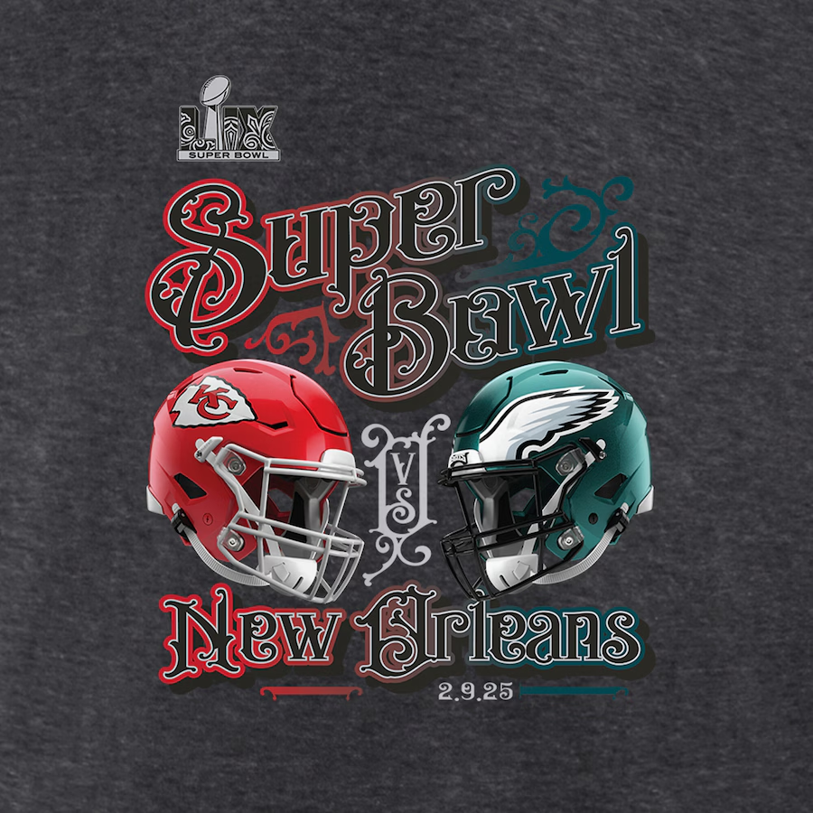 KANSAS CITY CHIEFS VS. PHILADELPHIA EAGLES SUPER BOWL LIX WOMEN'S FINAL BATTLE T-SHIRT - CHARCOAL GRAY