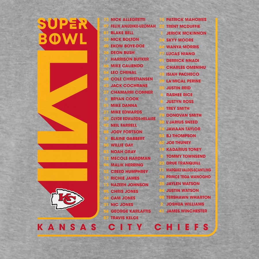 KANSAS CITY CHIEFS WOMEN'S SUPER BOWL LIX ROSTER T-SHIRT - HEATHER GRAY