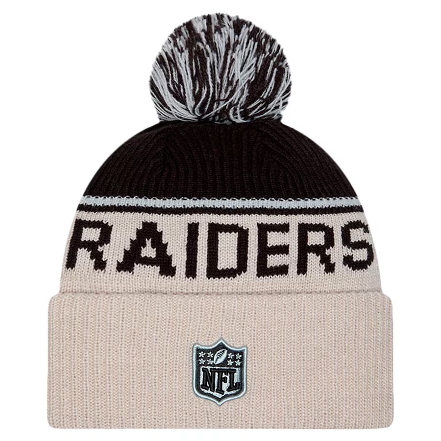 LAS VEGAS RAIDERS 2024 NFL HISTORIC SIDELINE CUFFED KNIT BEANIE WITH POM - STONE/BLACK