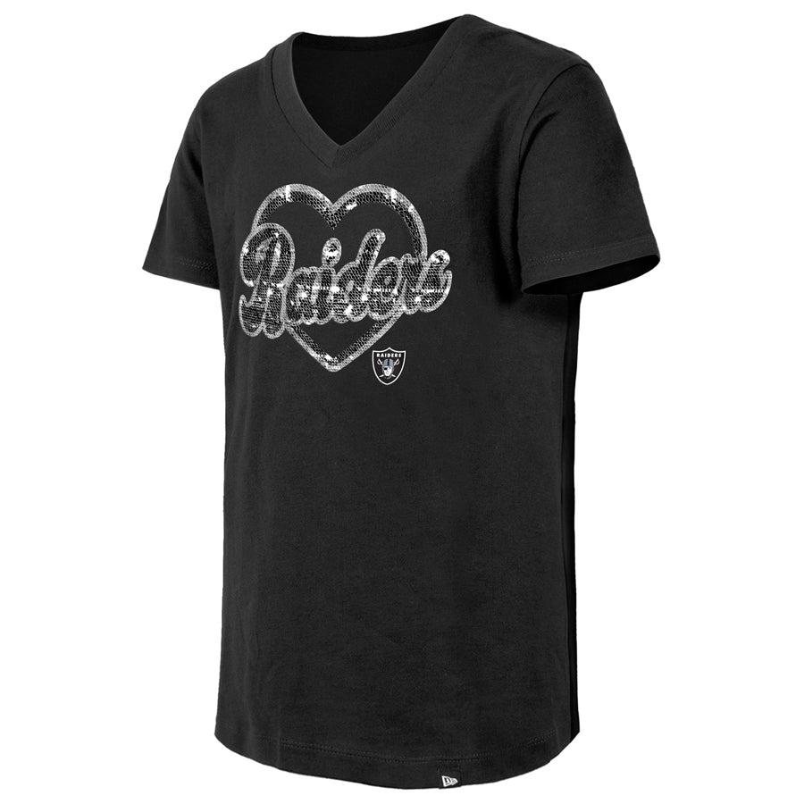 LAS VEGAS RAIDERS GIRLS FLIP HEART SEQUIN V-NECK T-SHIRT - BLACK