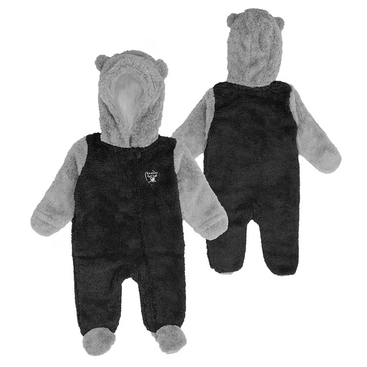LAS VEGAS RAIDERS NEWBORN GAME NAP TEDDY BEAR FLEECE BUNTING FULL-ZIP SLEEPER