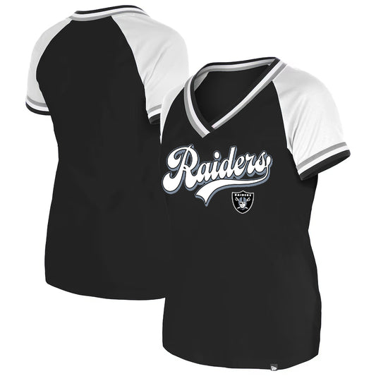 LAS VEGAS RAIDERS WOMEN'S GLITTER SCRIPT RAGLAN V-NECK T-SHIRT - BLACK