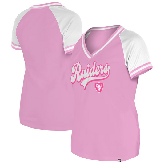 LAS VEGAS RAIDERS WOMEN'S GLITTER SCRIPT RAGLAN V-NECK T-SHIRT - PINK