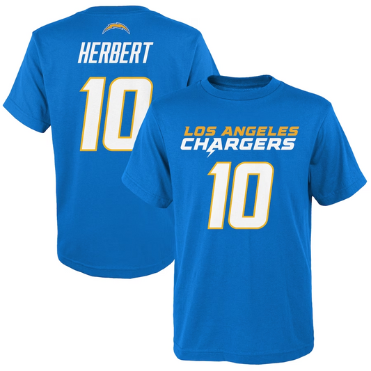 LOS ANGELES CHARGERS JUSTIN HERBERT YOUTH MAINLINER PLAYER NAME & NUMBER T-SHIRT