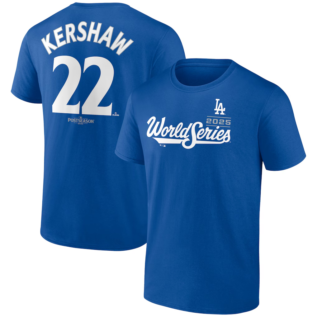 LOS ANGELES DODGERS CLAYTON KERSHAW MEN'S 2025 WORLD SERIES NAME & NUMBER T-SHIRT - BLUE
