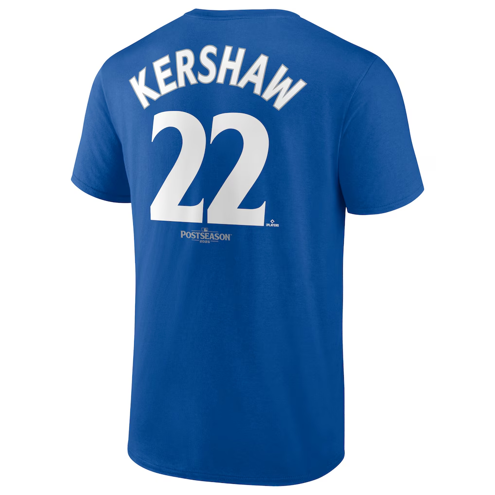 LOS ANGELES DODGERS CLAYTON KERSHAW MEN'S 2025 WORLD SERIES NAME & NUMBER T-SHIRT - BLUE