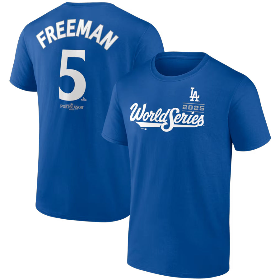 LOS ANGELES DODGERS FREDDIE FREEMAN MEN'S 2025 WORLD SERIES NAME & NUMBER T-SHIRT - BLUE