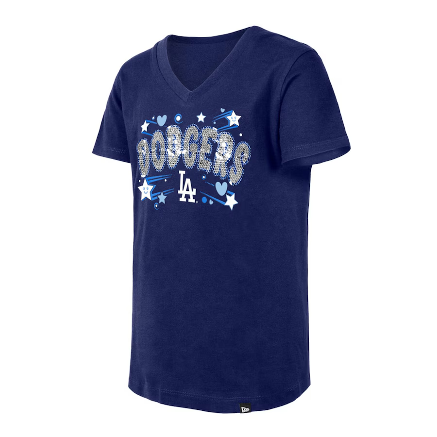 LOS ANGELES DODGERS GIRLS STAR HEART SEQUIN V-NECK T-SHIRT