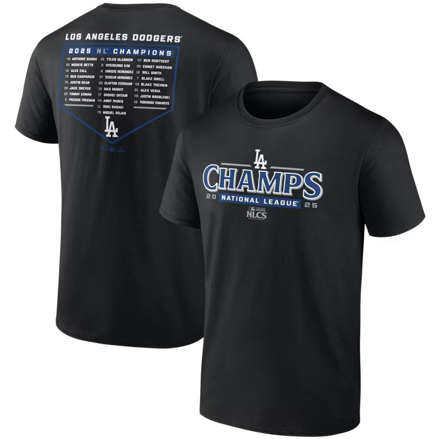 LOS ANGELES DODGERS MEN'S 2025 NATIONAL LEAGUE CHAMPIONS BLOOP SINGLE ROSTER T-SHIRT - BLACK