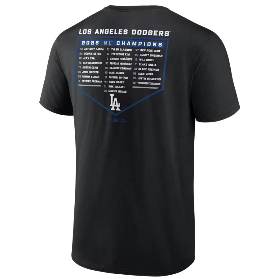 LOS ANGELES DODGERS MEN'S 2025 NATIONAL LEAGUE CHAMPIONS BLOOP SINGLE ROSTER T-SHIRT - BLACK