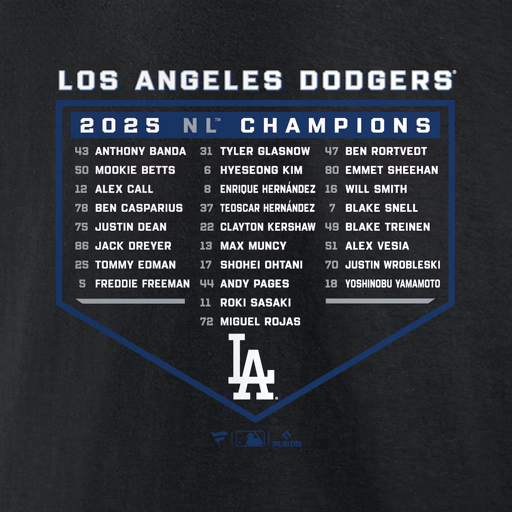 LOS ANGELES DODGERS MEN'S 2025 NATIONAL LEAGUE CHAMPIONS BLOOP SINGLE ROSTER T-SHIRT - BLACK