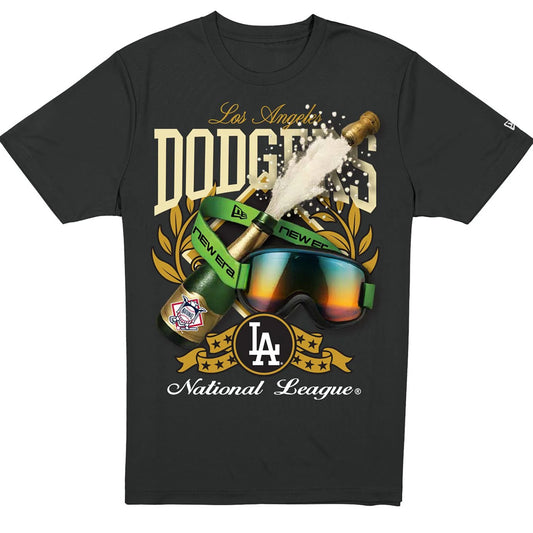 LOS ANGELES DODGERS MEN'S NEW ERA 2025 WORLD SERIES CHAMPAGNE & GOGGLES T-SHIRT - BLACK