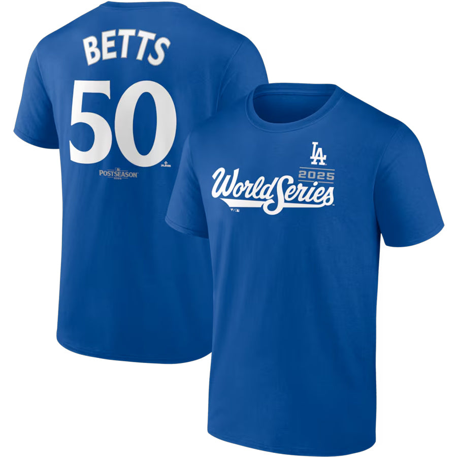 LOS ANGELES DODGERS MOOKIE BETTS MEN'S 2025 WORLD SERIES NAME & NUMBER T-SHIRT - BLUE
