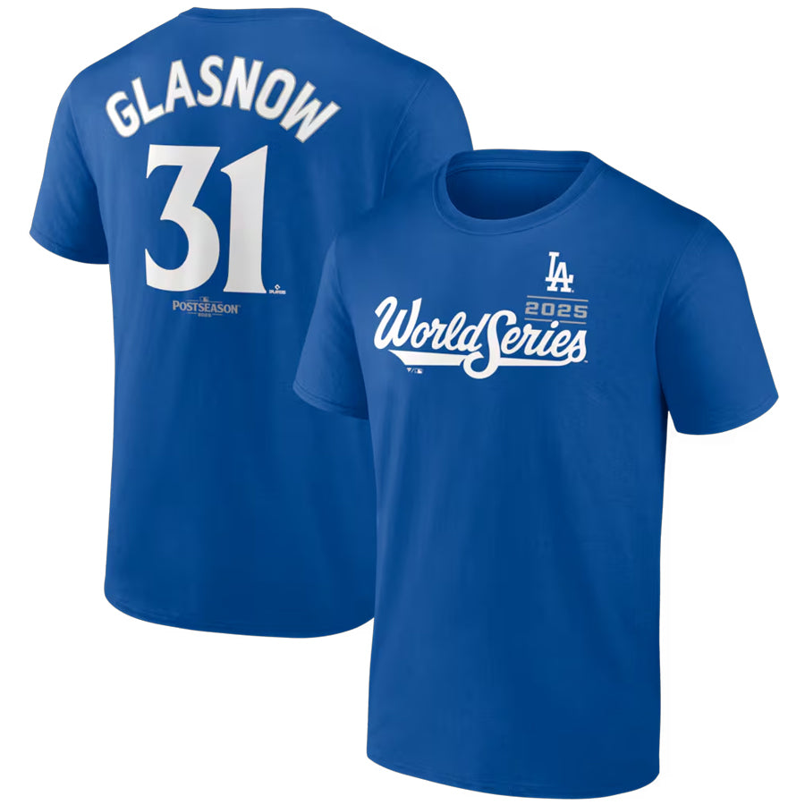 LOS ANGELES DODGERS TYLER GLASNOW MEN'S 2025 WORLD SERIES NAME & NUMBER T-SHIRT - BLUE