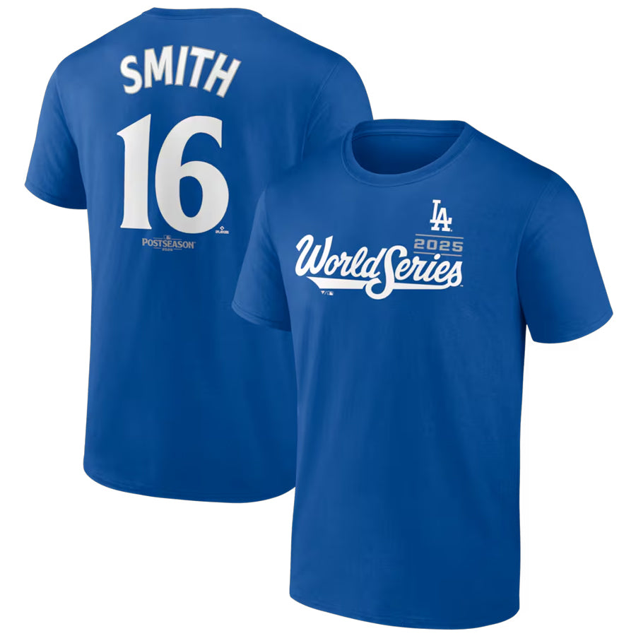 LOS ANGELES DODGERS WILL SMITH MEN'S 2025 WORLD SERIES NAME & NUMBER T-SHIRT - BLUE
