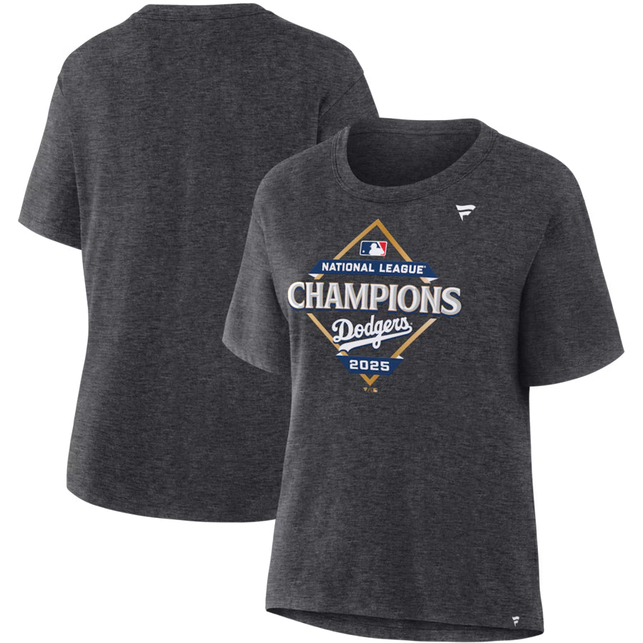 LOS ANGELES DODGERS WOMEN'S 2025 NATIONAL LEAGUE CHAMPIONS LOCKER ROOM T-SHIRT - GRAY