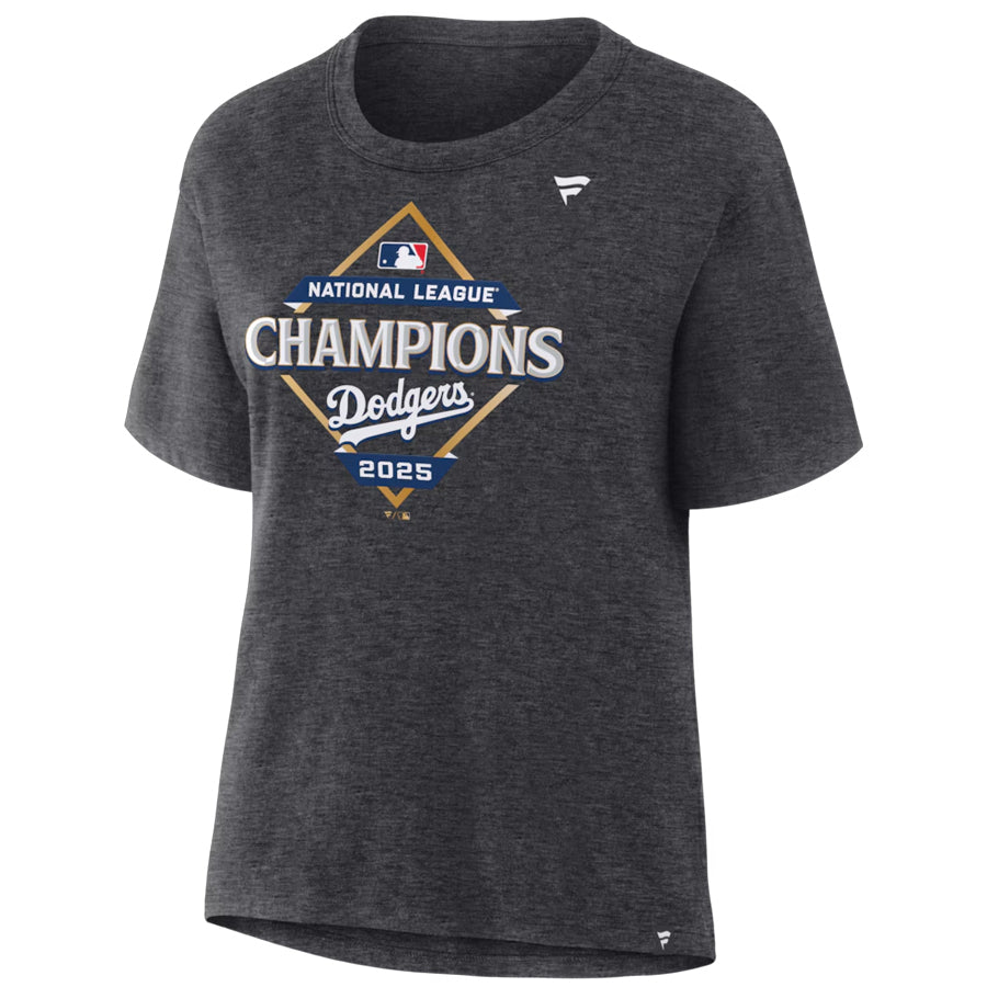 LOS ANGELES DODGERS WOMEN'S 2025 NATIONAL LEAGUE CHAMPIONS LOCKER ROOM T-SHIRT - GRAY