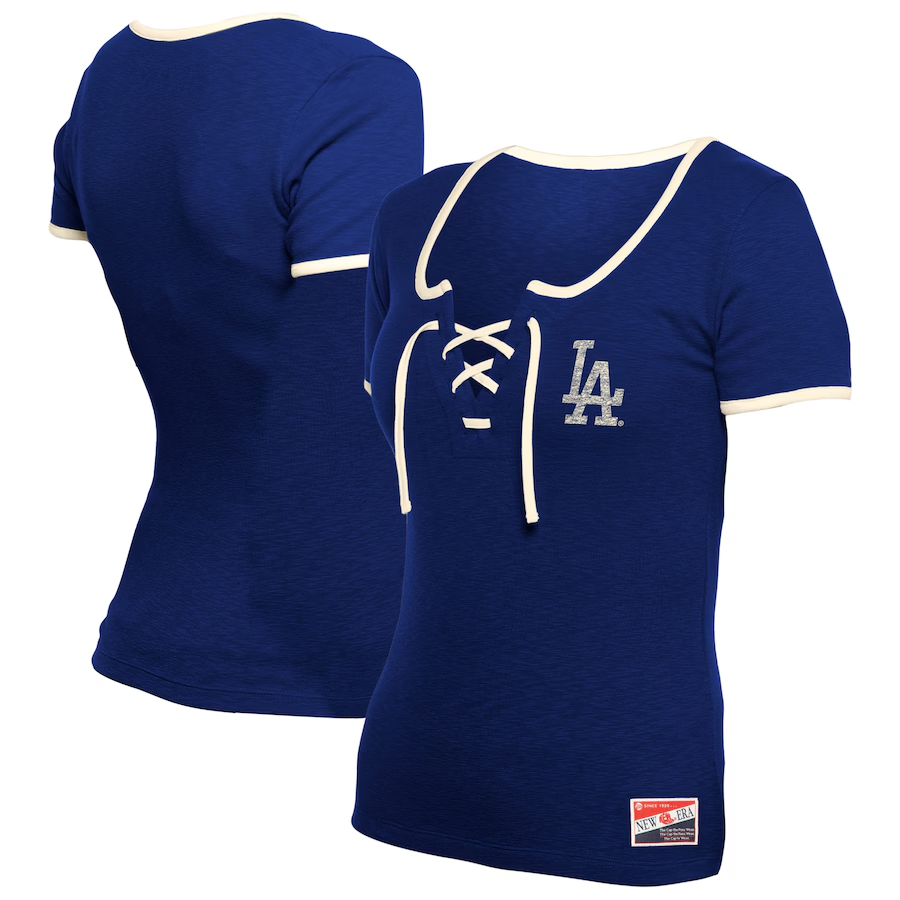 LOS ANGELES DODGERS WOMEN'S LACE TIE-NECK T-SHIRT - BLUE