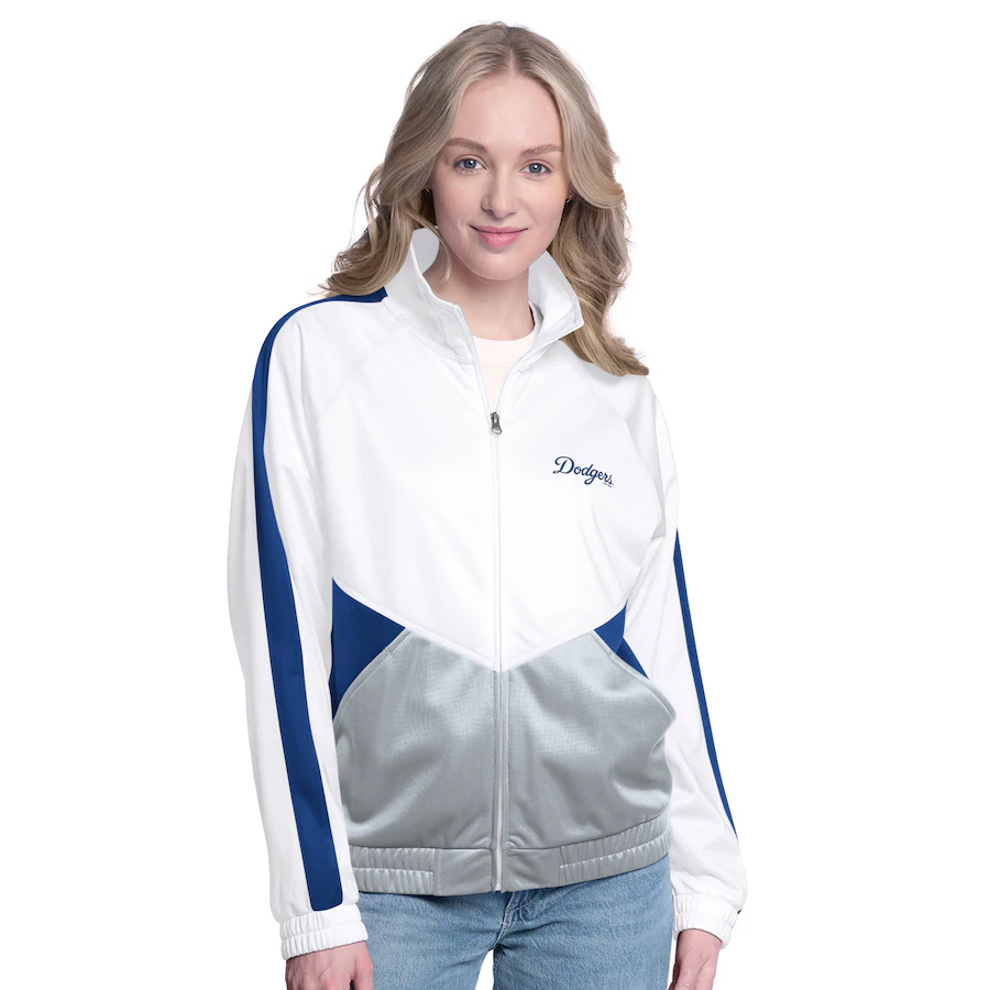 LOS ANGELES DODGERS WOMEN'S RALLY RHINESTONE RAGLAN FULL-ZIP TRACK JACKET - WHITE/BLUE