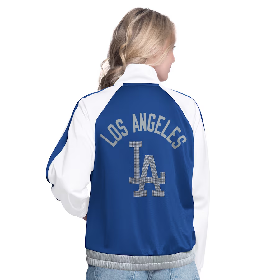LOS ANGELES DODGERS WOMEN'S RALLY RHINESTONE RAGLAN FULL-ZIP TRACK JACKET - WHITE/BLUE