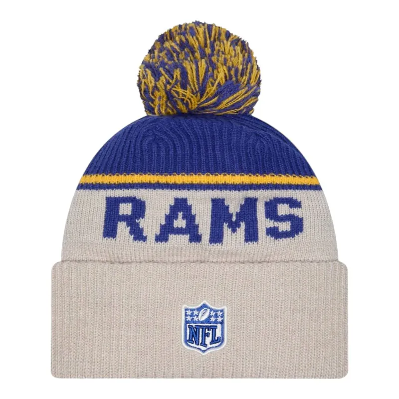 LOS ANGELES RAMS 2024 NFL HISTORIC SIDELINE CUFFED KNIT BEANIE WITH POM - STONE/BLUE