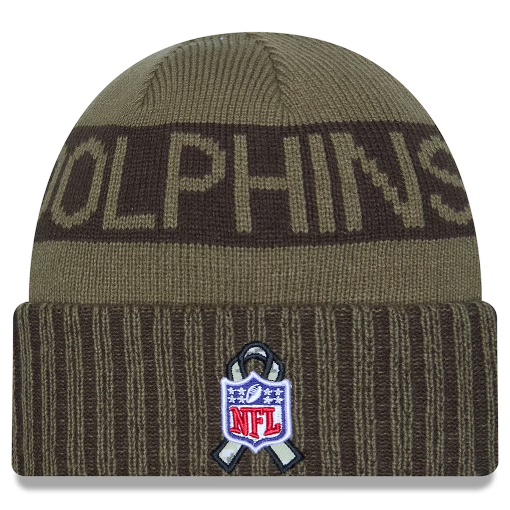 MIAMI DOLPHINS 2025 NFL SALUTE TO SERVICE CUFFED KNIT BEANIE - DARK GREEN