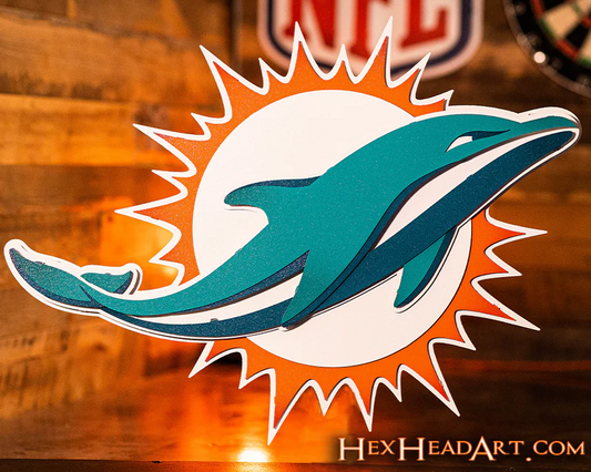 MIAMI DOLPHINS 3D VINTAGE METAL WALL ART - 28" X 21"