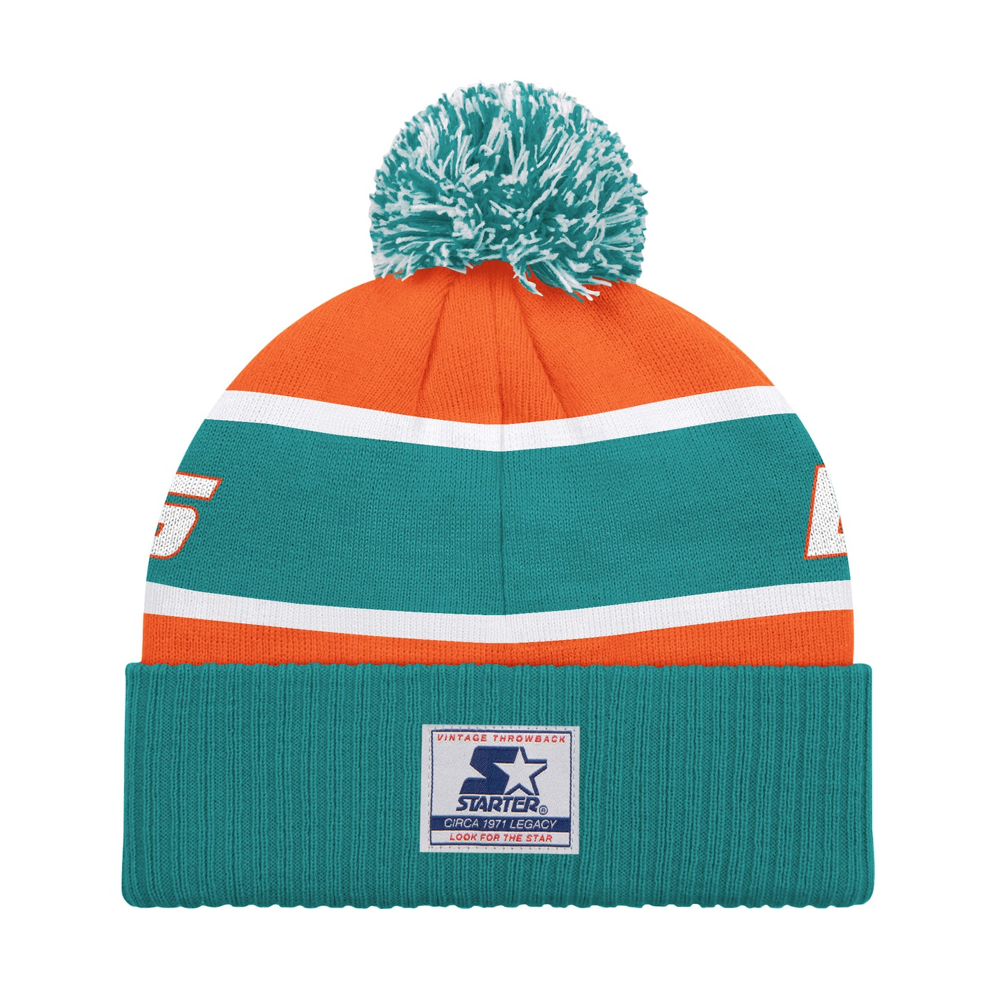MIAMI DOLPHINS MEN'S STARTER LEGACY CUFFED KNIT WITH POM - AQUA/ORANGE