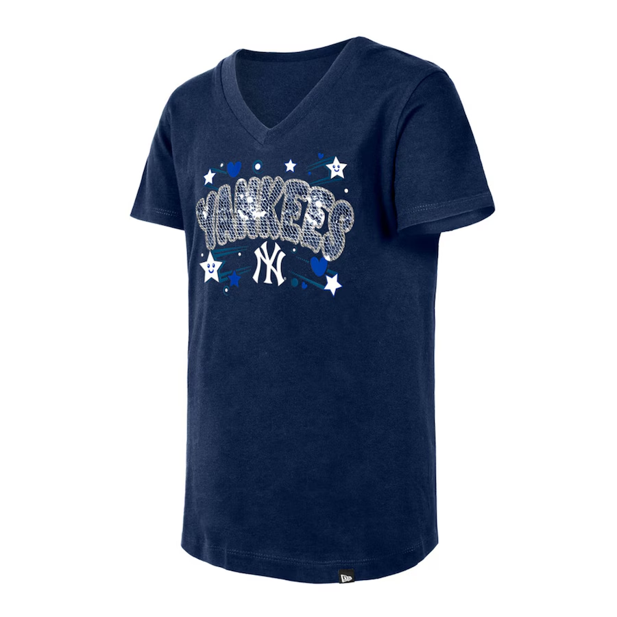 NEW YORK YANKEES GIRLS STAR HEART SEQUIN V-NECK T-SHIRT