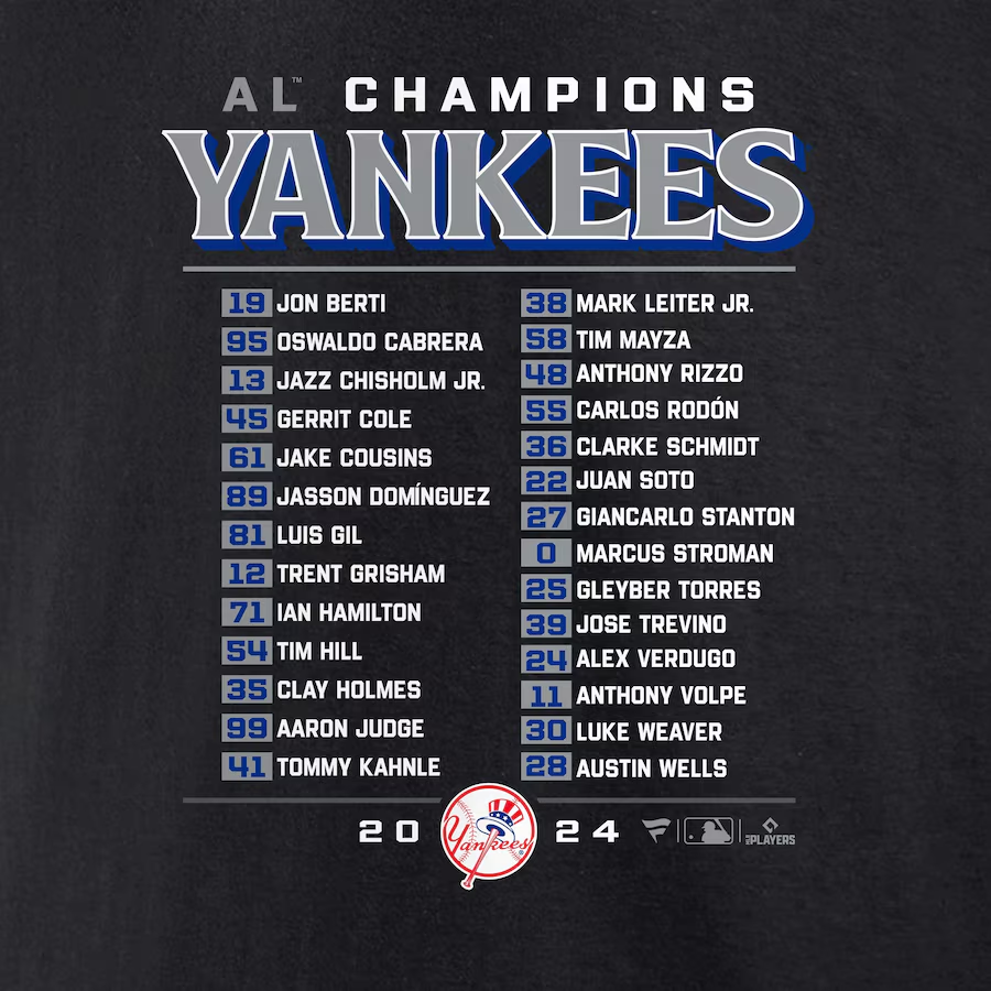 NEW YORK YANKEES MEN'S 2024 AMERICAN LEAGUE CHAMPIONS BLOOP SINGLE ROSTER T-SHIRT