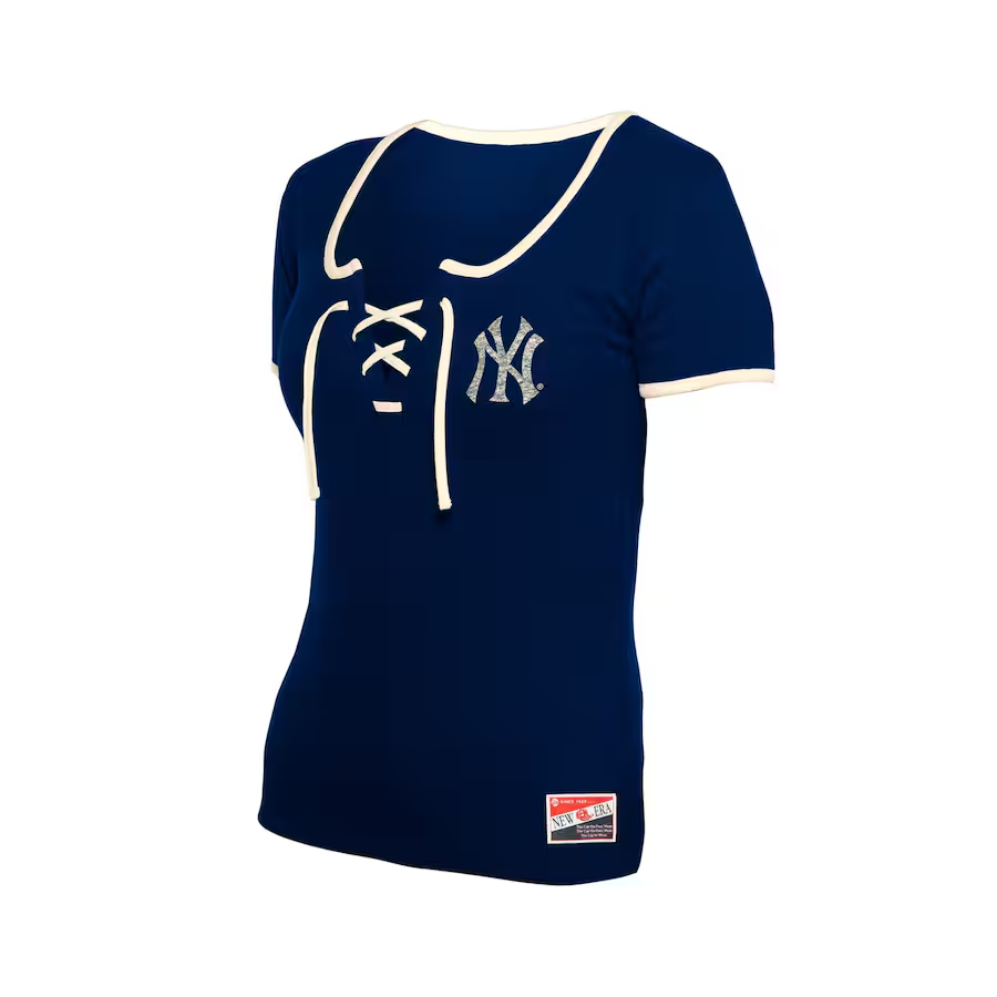 NEW YORK YANKEES WOMEN'S LACE TIE-NECK T-SHIRT - NAVY