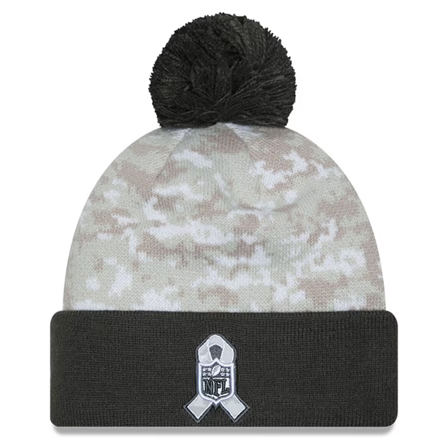 PHILADELPHIA EAGLES 2024 NFL SALUTE TO SERVICE CUFFED KNIT BEANIE WITH POM - ARTIC WHITE/GRAPHITE